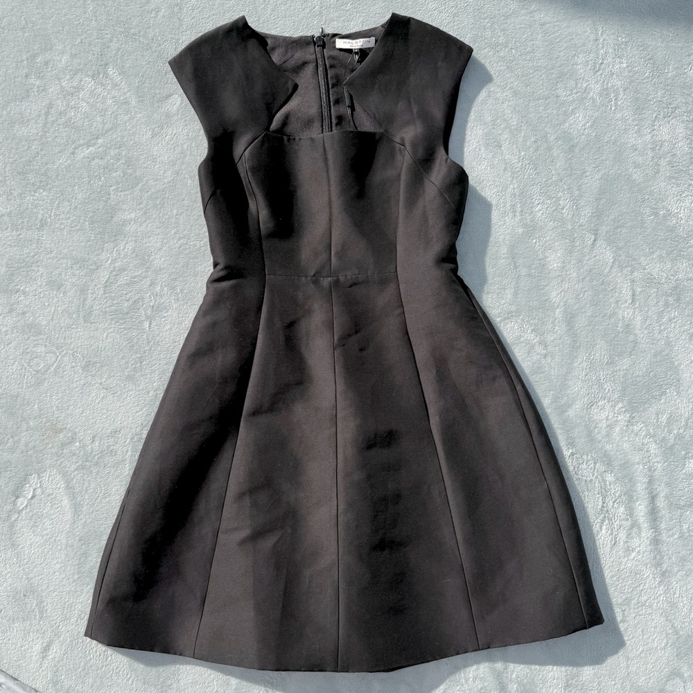 Halston Heritage cap sleeve notch neckline black mini dress
